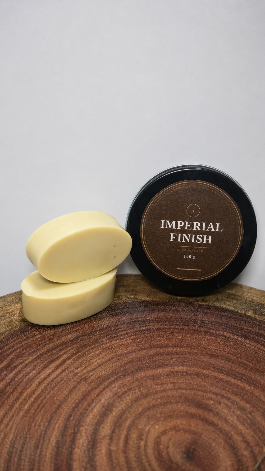 Lata real de 100 g da cera Imperial Finish JUSTOS ao lado da cera fora da embalagem